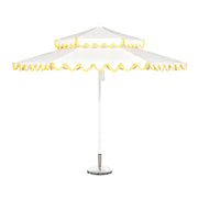 SOLARA Outdoor Patio Umbrella - 250/270cm Round Double-Layer Canopy with Decorative Valance, Enhanced Ventilation & Wind Resistance, Sunshade & Rain Protection, 20kg Marble Base Included - White with Yellow Trim