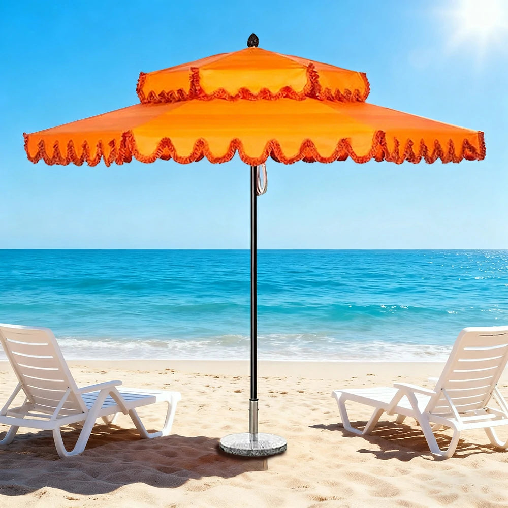 SOLARA Outdoor Patio Umbrella - 250/270cm Round Double-Layer Canopy with Decorative Valance, Enhanced Ventilation & Wind Resistance, Sunshade & Rain Protection, 20kg Marble Base Included - Orange