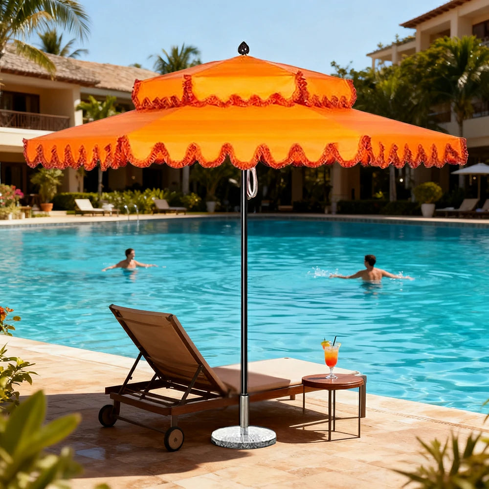 SOLARA Outdoor Patio Umbrella - 250/270cm Round Double-Layer Canopy with Decorative Valance, Enhanced Ventilation & Wind Resistance, Sunshade & Rain Protection, 20kg Marble Base Included - Orange