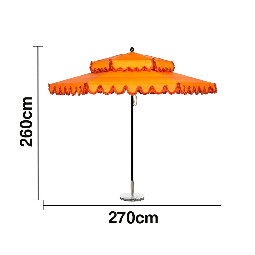 SOLARA Outdoor Patio Umbrella - 250/270cm Round Double-Layer Canopy with Decorative Valance, Enhanced Ventilation & Wind Resistance, Sunshade & Rain Protection, 20kg Marble Base Included - Orange