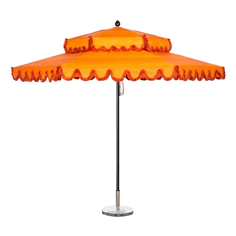 SOLARA Outdoor Patio Umbrella - 250/270cm Round Double-Layer Canopy with Decorative Valance, Enhanced Ventilation & Wind Resistance, Sunshade & Rain Protection, 20kg Marble Base Included - Orange