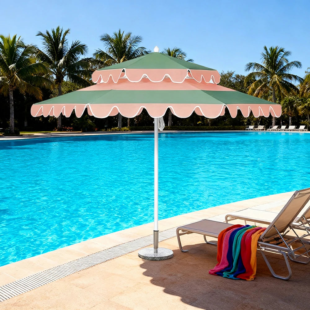SOLARA Outdoor Patio Umbrella - 250/270cm Round Double-Layer Canopy with Decorative Valance, Enhanced Ventilation & Wind Resistance, Sunshade & Rain Protection, 20kg Marble Base Included - Pink & Green