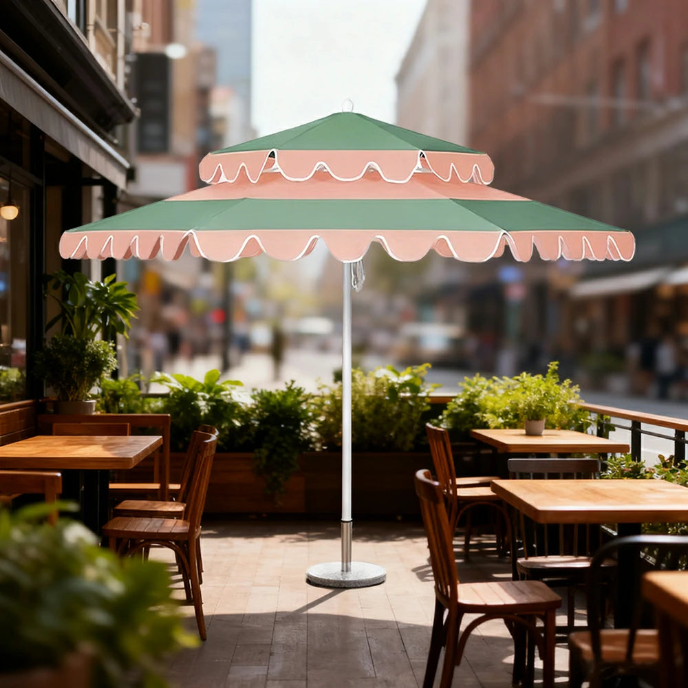 SOLARA Outdoor Patio Umbrella - 250/270cm Round Double-Layer Canopy with Decorative Valance, Enhanced Ventilation & Wind Resistance, Sunshade & Rain Protection, 20kg Marble Base Included - Pink & Green