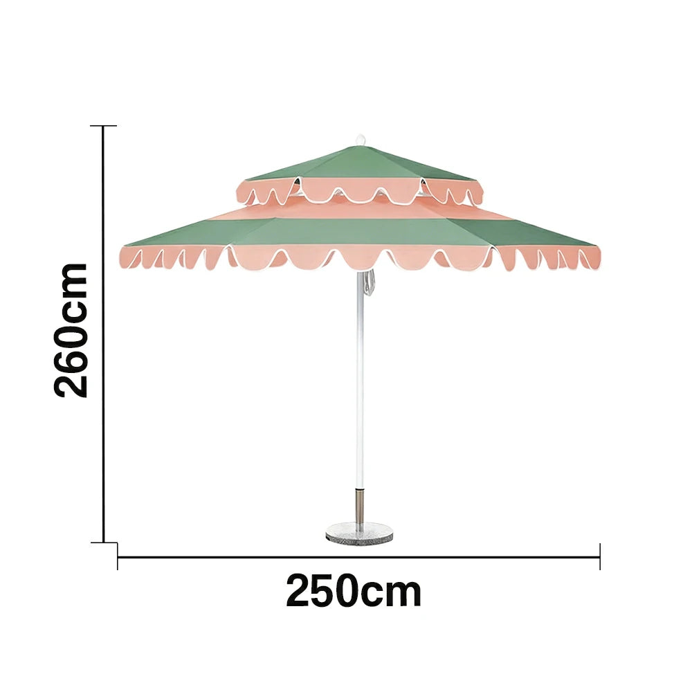 SOLARA Outdoor Patio Umbrella - 250/270cm Round Double-Layer Canopy with Decorative Valance, Enhanced Ventilation & Wind Resistance, Sunshade & Rain Protection, 20kg Marble Base Included - Pink & Green