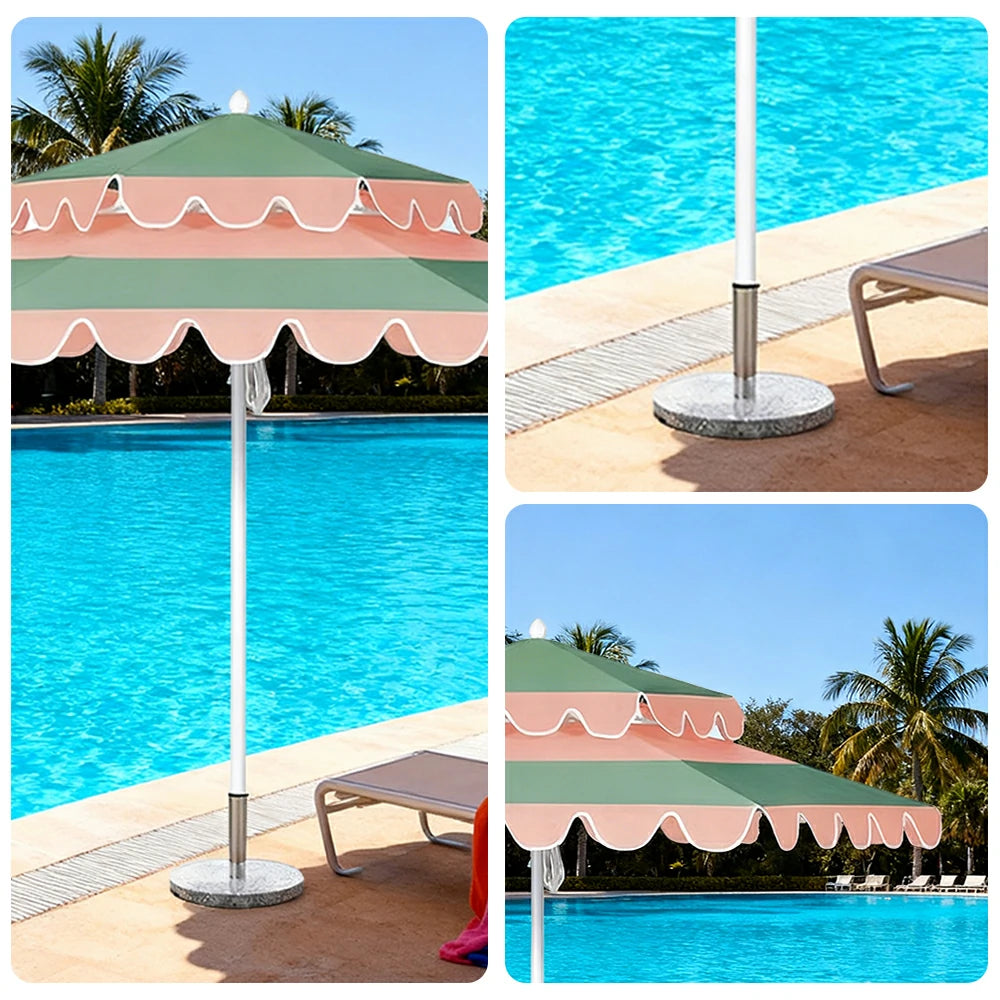 SOLARA Outdoor Patio Umbrella - 250/270cm Round Double-Layer Canopy with Decorative Valance, Enhanced Ventilation & Wind Resistance, Sunshade & Rain Protection, 20kg Marble Base Included - Pink & Green