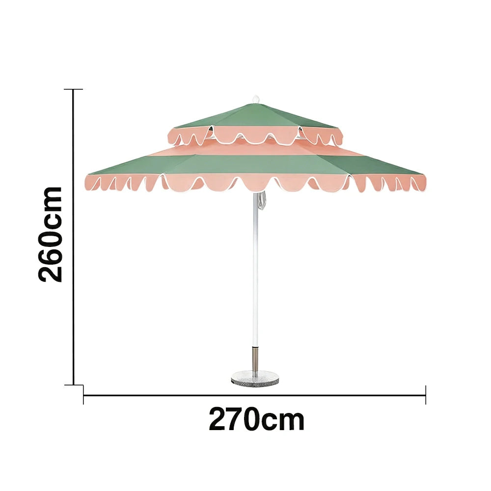 SOLARA Outdoor Patio Umbrella - 250/270cm Round Double-Layer Canopy with Decorative Valance, Enhanced Ventilation & Wind Resistance, Sunshade & Rain Protection, 20kg Marble Base Included - Pink & Green