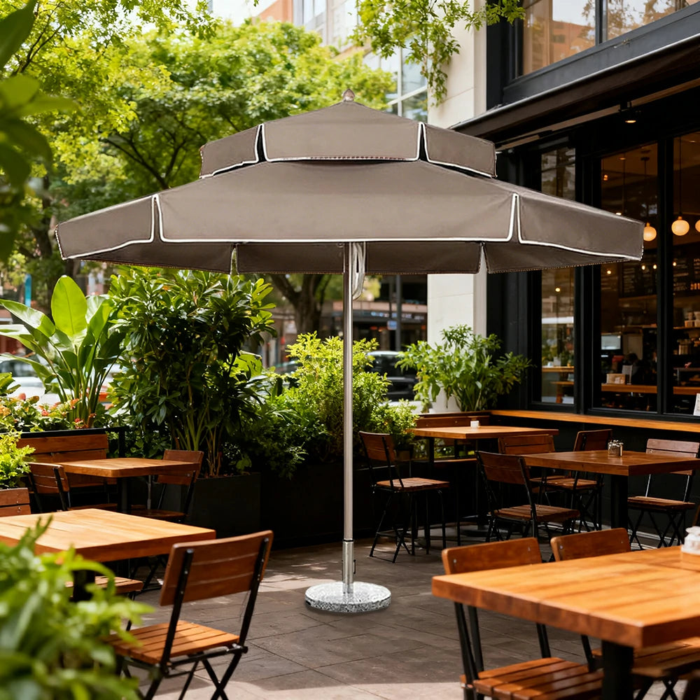 SOLARA Outdoor Patio Umbrella - 250/270cm Round Double-Layer Canopy with Decorative Valance, Enhanced Ventilation & Wind Resistance, Sunshade & Rain Protection, 20kg Marble Base Included - Grey