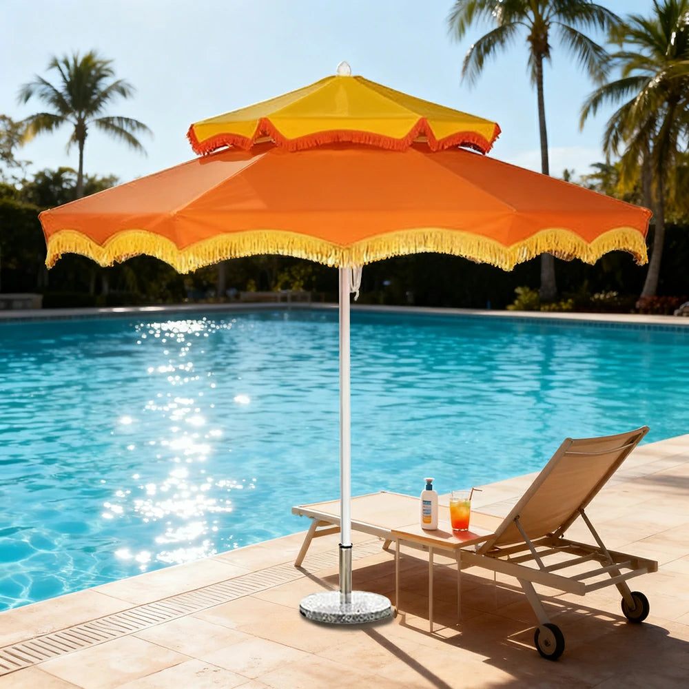 SOLARA Outdoor Patio Umbrella - 250/270cm Round Double-Layer Canopy with French Scalloped Valance, Enhanced Ventilation & Wind Resistance, Sunshade & Rain Protection, 20kg Marble Base Included - Orange