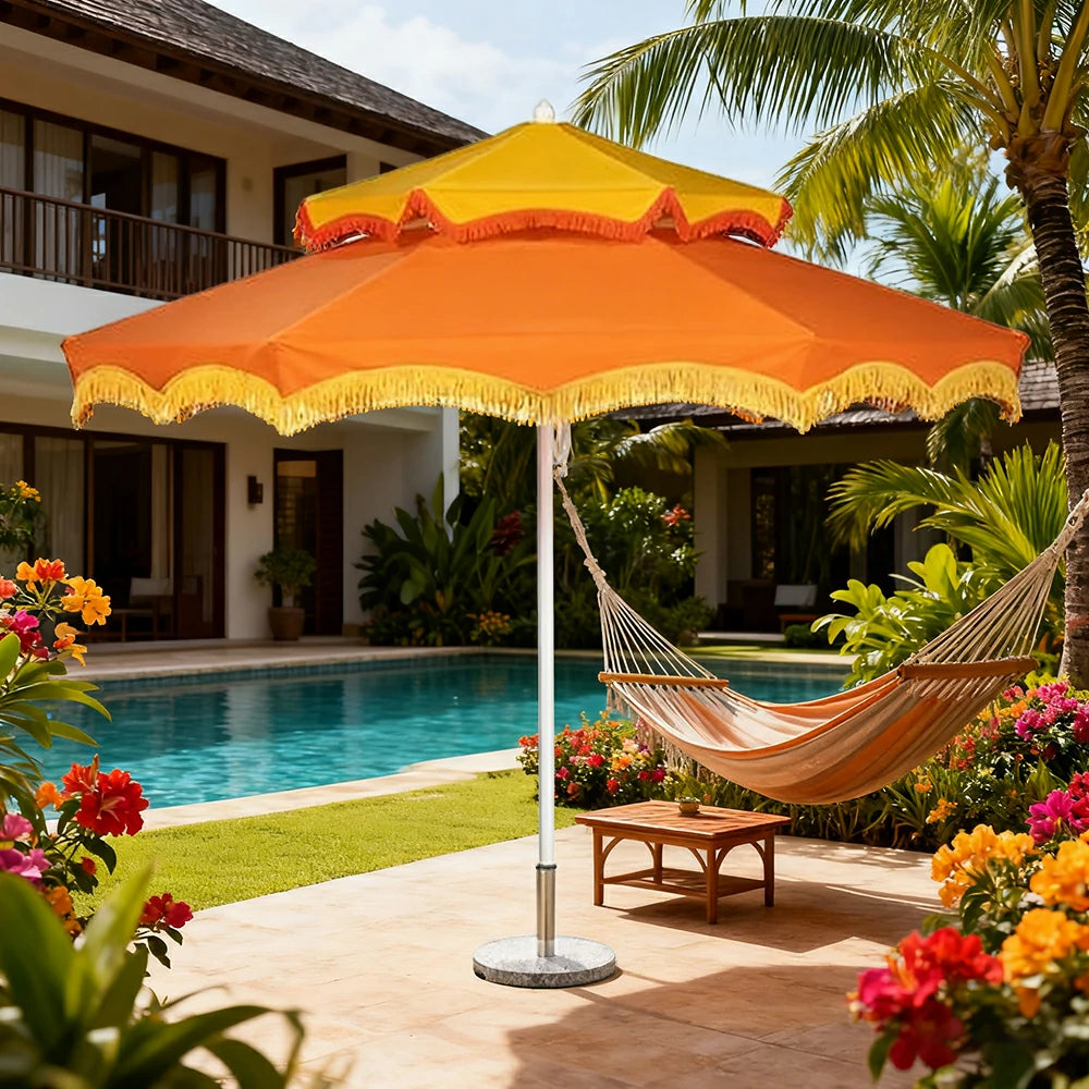 SOLARA Outdoor Patio Umbrella - 250/270cm Round Double-Layer Canopy with French Scalloped Valance, Enhanced Ventilation & Wind Resistance, Sunshade & Rain Protection, 20kg Marble Base Included - Orange