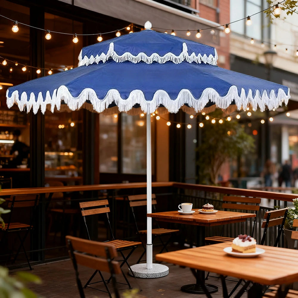 SOLARA Outdoor Patio Umbrella - 250/270cm Round Double-Layer Canopy with French Scalloped Valance, Enhanced Ventilation & Wind Resistance, Sunshade & Rain Protection, 20kg Marble Base Included - Blue