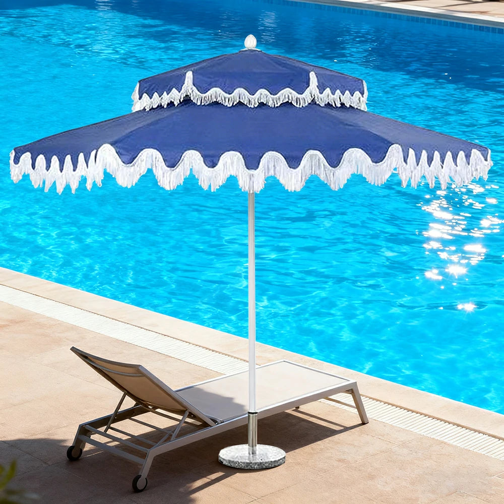 SOLARA Outdoor Patio Umbrella - 250/270cm Round Double-Layer Canopy with French Scalloped Valance, Enhanced Ventilation & Wind Resistance, Sunshade & Rain Protection, 20kg Marble Base Included - Blue
