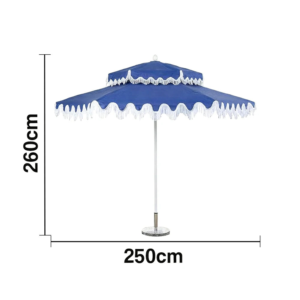SOLARA Outdoor Patio Umbrella - 250/270cm Round Double-Layer Canopy with French Scalloped Valance, Enhanced Ventilation & Wind Resistance, Sunshade & Rain Protection, 20kg Marble Base Included - Blue