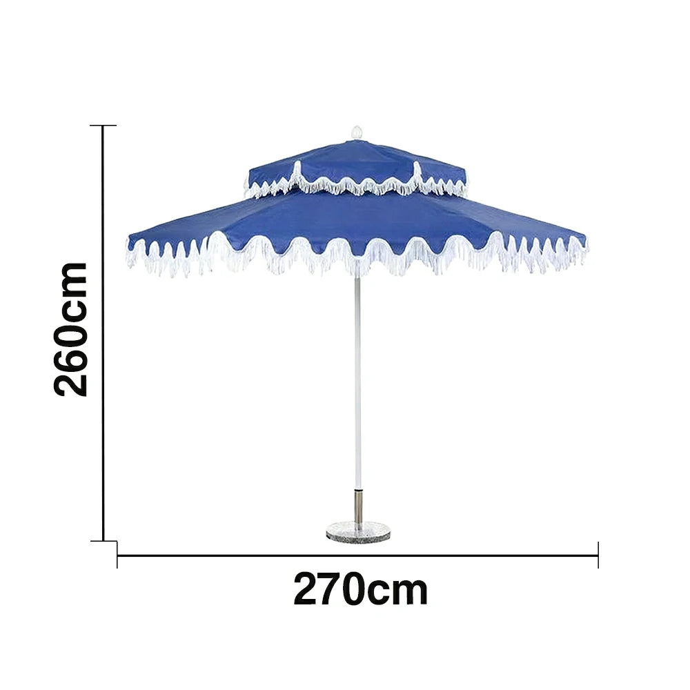 SOLARA Outdoor Patio Umbrella - 250/270cm Round Double-Layer Canopy with French Scalloped Valance, Enhanced Ventilation & Wind Resistance, Sunshade & Rain Protection, 20kg Marble Base Included - Blue