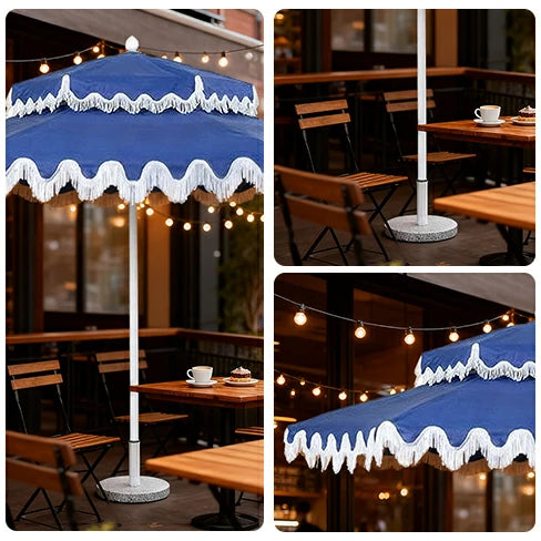 SOLARA Outdoor Patio Umbrella - 250/270cm Round Double-Layer Canopy with French Scalloped Valance, Enhanced Ventilation & Wind Resistance, Sunshade & Rain Protection, 20kg Marble Base Included - Blue