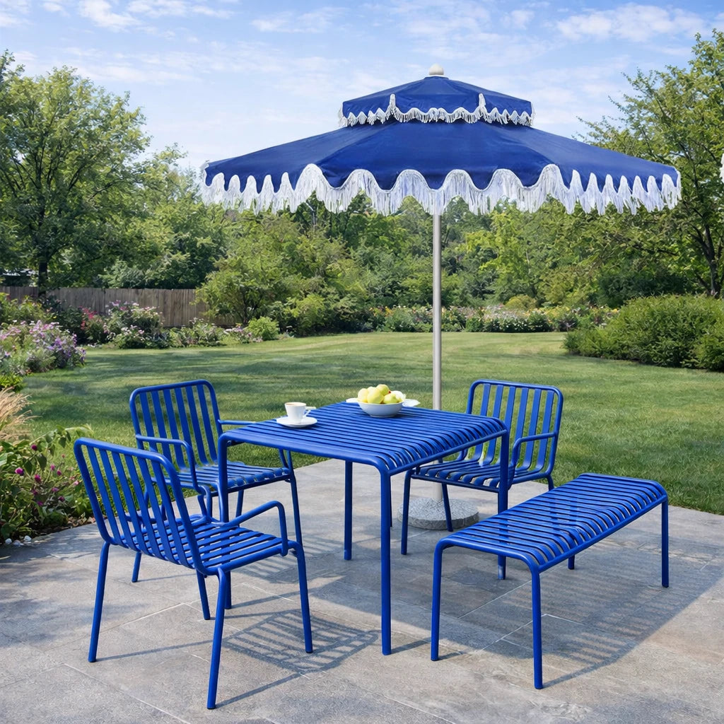 SOLARA Outdoor Patio Umbrella - 250/270cm Round Double-Layer Canopy with French Scalloped Valance, Enhanced Ventilation & Wind Resistance, Sunshade & Rain Protection, 20kg Marble Base Included - Blue
