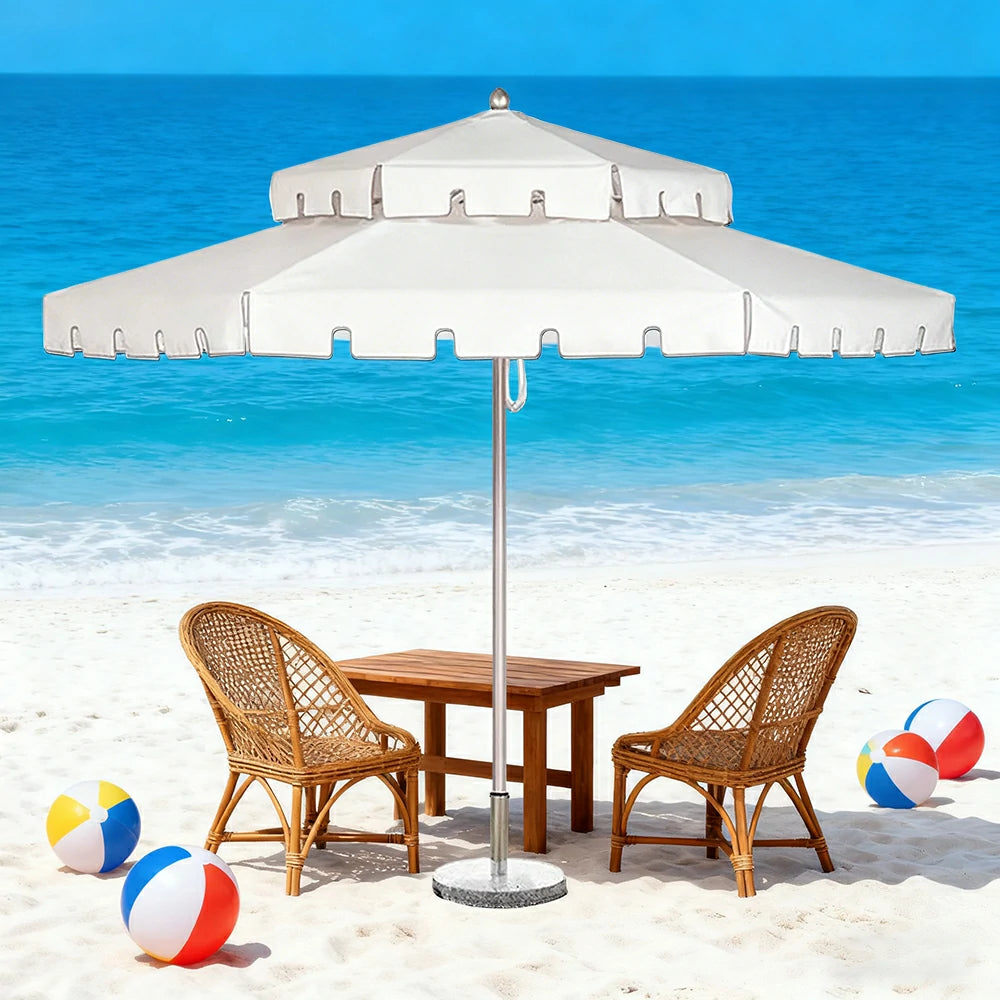 SOLARA Outdoor Patio Umbrella - 250/270cm Round Double-Layer Canopy with French Scalloped Valance, Enhanced Ventilation & Wind Resistance, Sunshade & Rain Protection, 20kg Marble Base Included - White