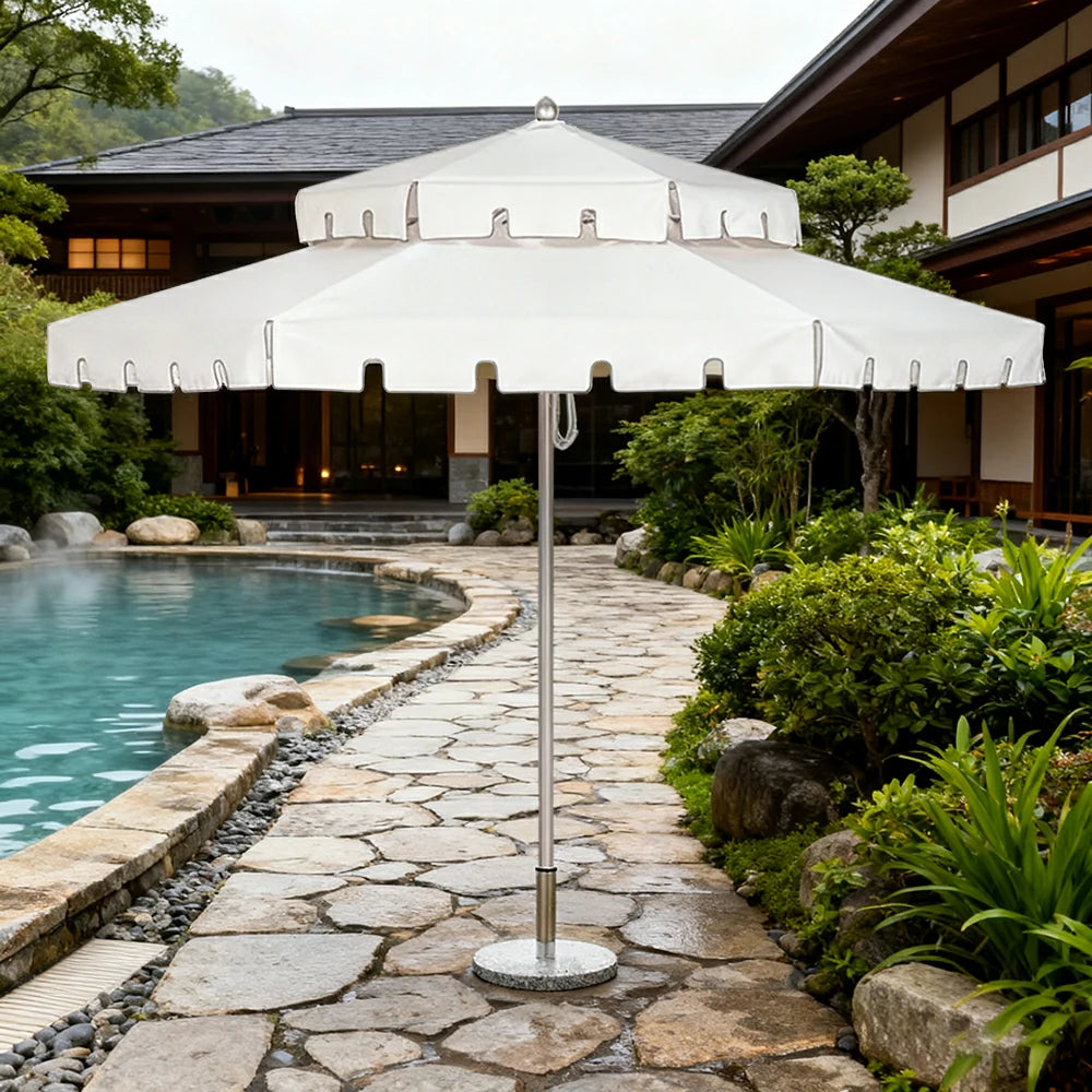 SOLARA Outdoor Patio Umbrella - 250/270cm Round Double-Layer Canopy with French Scalloped Valance, Enhanced Ventilation & Wind Resistance, Sunshade & Rain Protection, 20kg Marble Base Included - White