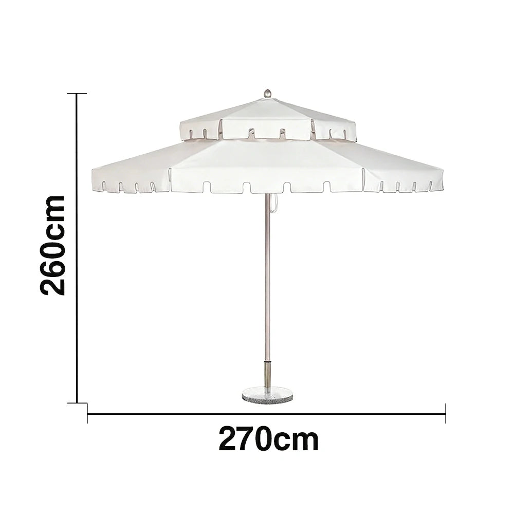 SOLARA Outdoor Patio Umbrella - 250/270cm Round Double-Layer Canopy with French Scalloped Valance, Enhanced Ventilation & Wind Resistance, Sunshade & Rain Protection, 20kg Marble Base Included - White