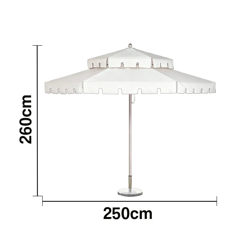SOLARA Outdoor Patio Umbrella - 250/270cm Round Double-Layer Canopy with French Scalloped Valance, Enhanced Ventilation & Wind Resistance, Sunshade & Rain Protection, 20kg Marble Base Included - White