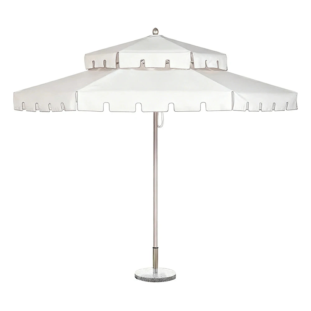 SOLARA Outdoor Patio Umbrella - 250/270cm Round Double-Layer Canopy with French Scalloped Valance, Enhanced Ventilation & Wind Resistance, Sunshade & Rain Protection, 20kg Marble Base Included - White