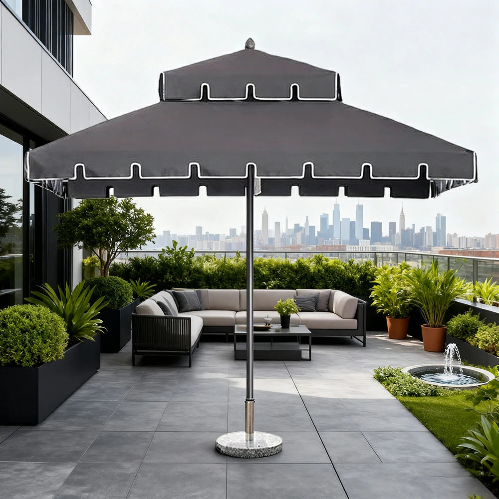 SOLARA Outdoor Patio Umbrella - 250/270cm Round Double-Layer Canopy with French Scalloped Valance, Enhanced Ventilation & Wind Resistance, Sunshade & Rain Protection, 20kg Marble Base Included - Grey