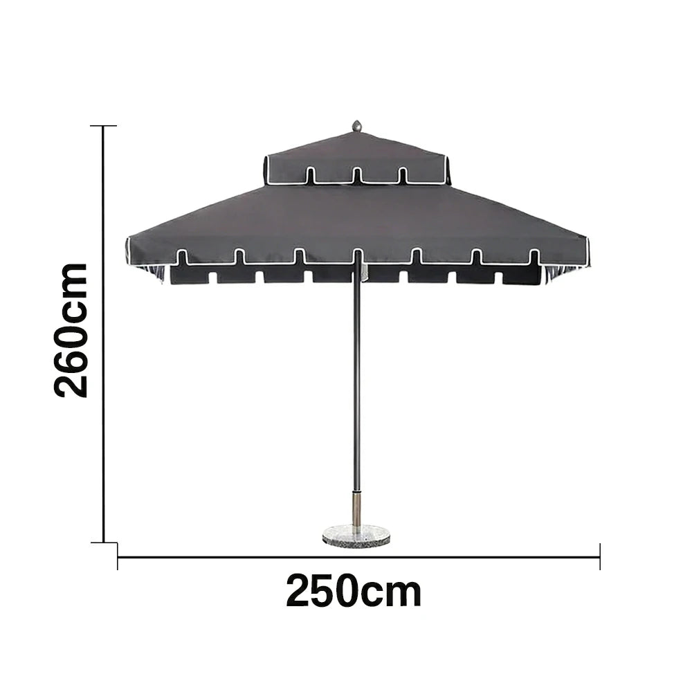SOLARA Outdoor Patio Umbrella - 250/270cm Round Double-Layer Canopy with French Scalloped Valance, Enhanced Ventilation & Wind Resistance, Sunshade & Rain Protection, 20kg Marble Base Included - Grey