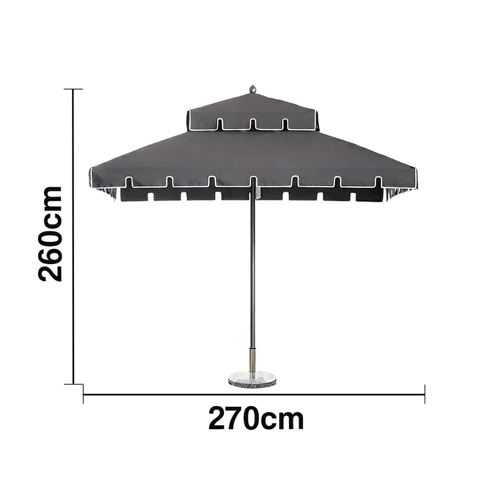 SOLARA Outdoor Patio Umbrella - 250/270cm Round Double-Layer Canopy with French Scalloped Valance, Enhanced Ventilation & Wind Resistance, Sunshade & Rain Protection, 20kg Marble Base Included - Grey