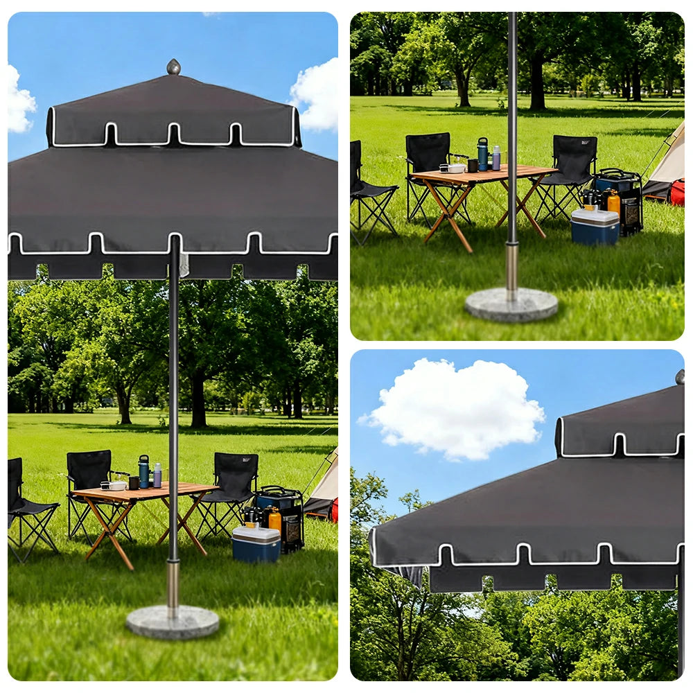 SOLARA Outdoor Patio Umbrella - 250/270cm Round Double-Layer Canopy with French Scalloped Valance, Enhanced Ventilation & Wind Resistance, Sunshade & Rain Protection, 20kg Marble Base Included - Grey