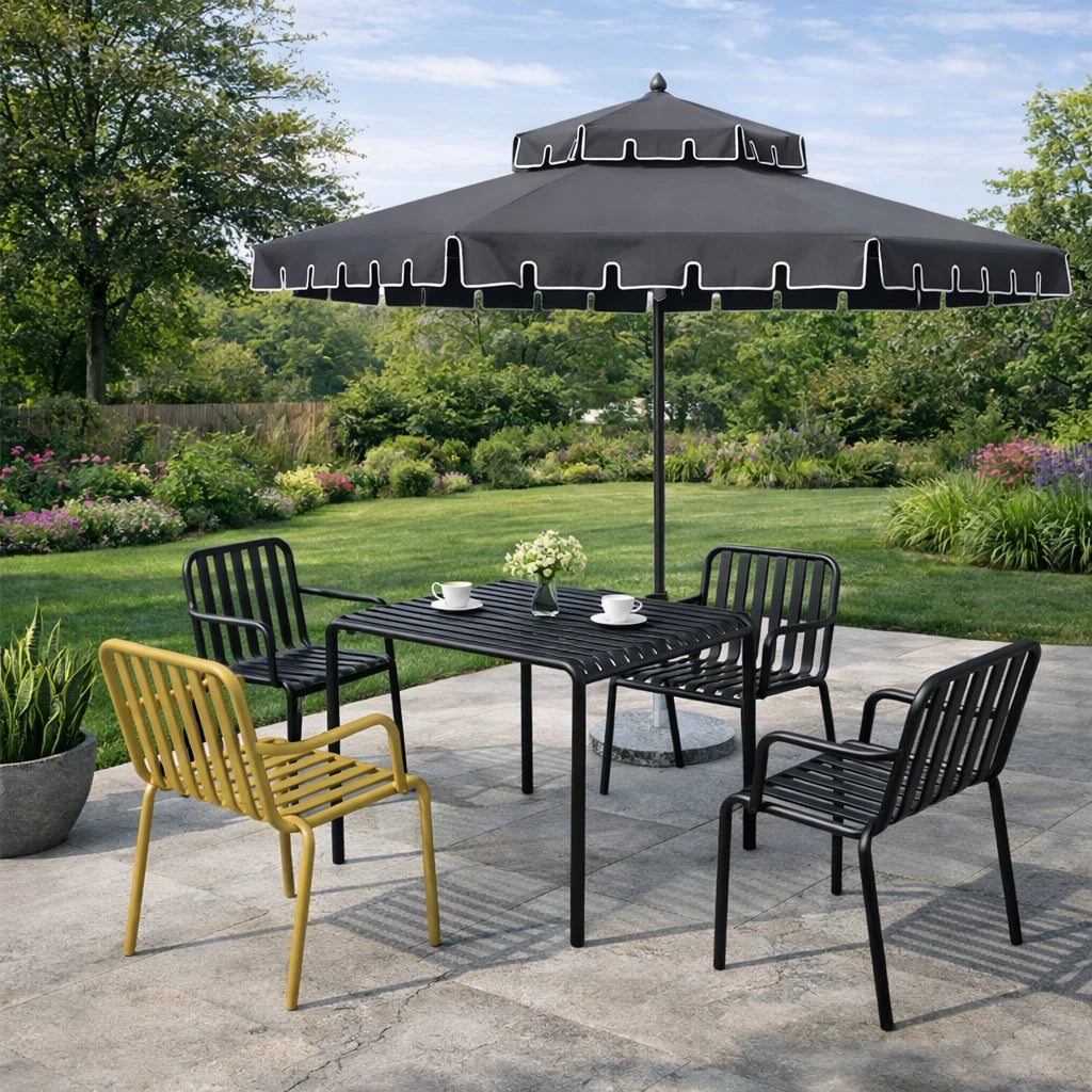 SOLARA Outdoor Patio Umbrella - 250/270cm Round Double-Layer Canopy with French Scalloped Valance, Enhanced Ventilation & Wind Resistance, Sunshade & Rain Protection, 20kg Marble Base Included - Grey
