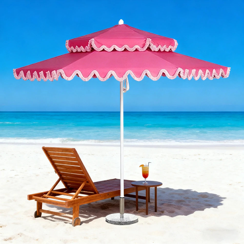 SOLARA Outdoor Patio Umbrella - 250/270cm Round Double-Layer Canopy with French Scalloped Valance, Enhanced Ventilation & Wind Resistance, Sunshade & Rain Protection, 20kg Marble Base Included - Pink