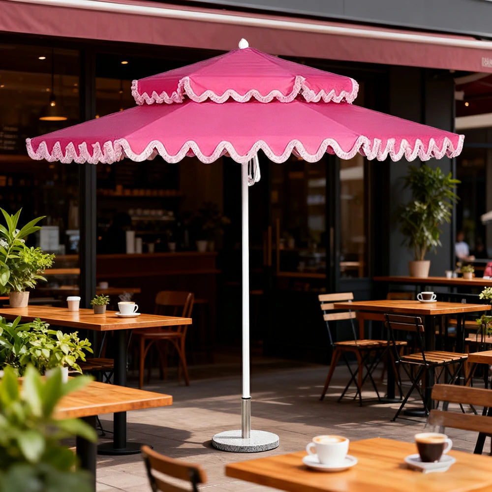 SOLARA Outdoor Patio Umbrella - 250/270cm Round Double-Layer Canopy with French Scalloped Valance, Enhanced Ventilation & Wind Resistance, Sunshade & Rain Protection, 20kg Marble Base Included - Pink