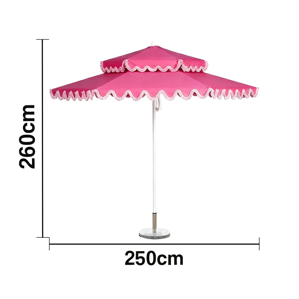 SOLARA Outdoor Patio Umbrella - 250/270cm Round Double-Layer Canopy with French Scalloped Valance, Enhanced Ventilation & Wind Resistance, Sunshade & Rain Protection, 20kg Marble Base Included - Pink