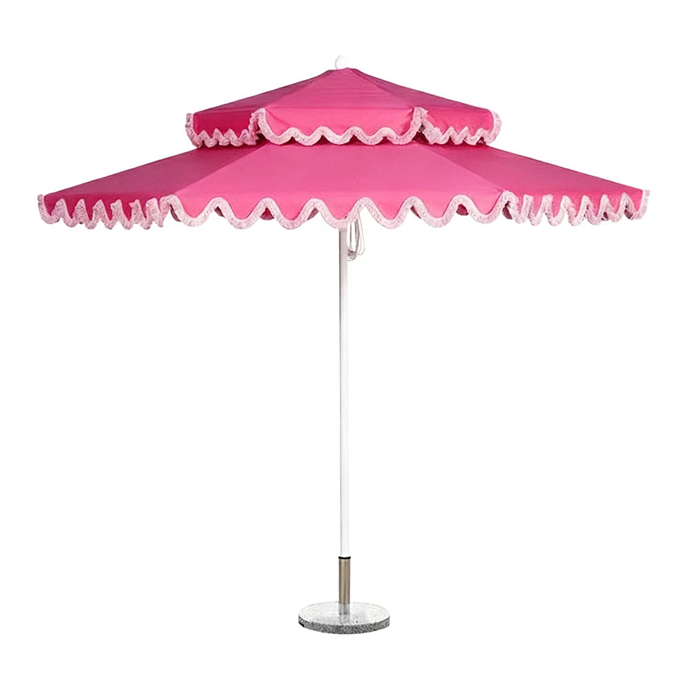 SOLARA Outdoor Patio Umbrella - 250/270cm Round Double-Layer Canopy with French Scalloped Valance, Enhanced Ventilation & Wind Resistance, Sunshade & Rain Protection, 20kg Marble Base Included - Pink
