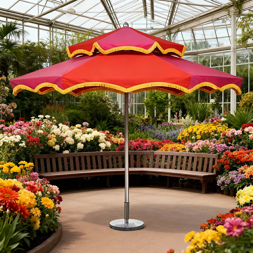 SOLARA Outdoor Patio Umbrella - 250/270cm Round Double-Layer Canopy with French Scalloped Valance, Enhanced Ventilation & Wind Resistance, Sunshade & Rain Protection, 20kg Marble Base Included - Pink & Red