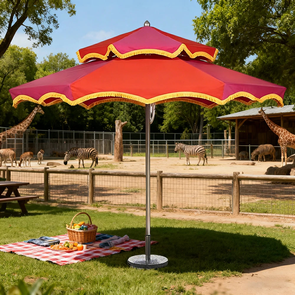 SOLARA Outdoor Patio Umbrella - 250/270cm Round Double-Layer Canopy with French Scalloped Valance, Enhanced Ventilation & Wind Resistance, Sunshade & Rain Protection, 20kg Marble Base Included - Pink & Red