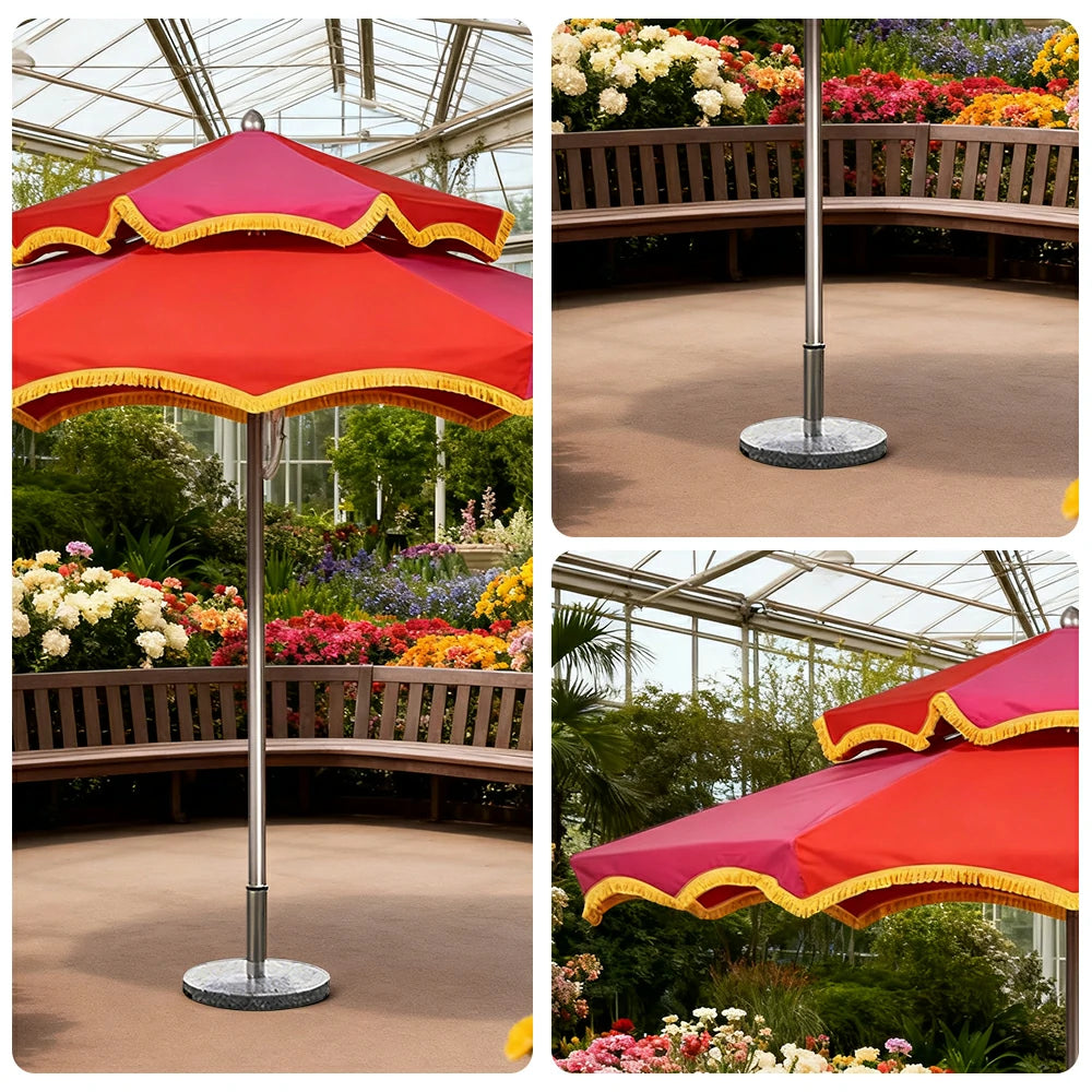 SOLARA Outdoor Patio Umbrella - 250/270cm Round Double-Layer Canopy with French Scalloped Valance, Enhanced Ventilation & Wind Resistance, Sunshade & Rain Protection, 20kg Marble Base Included - Pink & Red