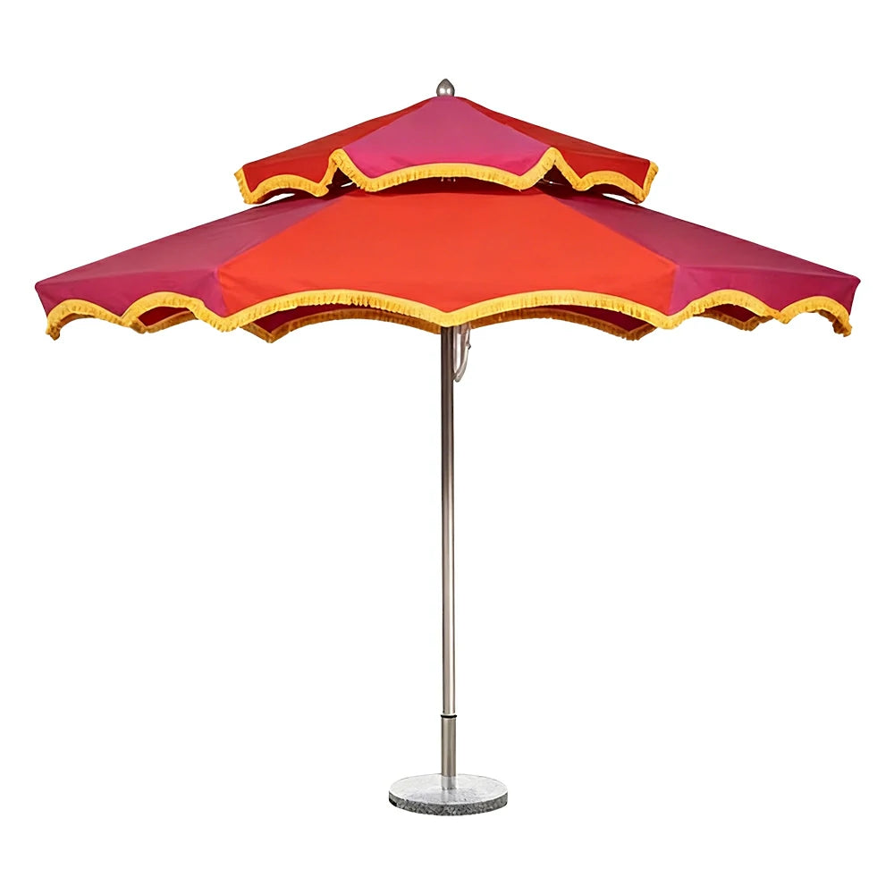SOLARA Outdoor Patio Umbrella - 250/270cm Round Double-Layer Canopy with French Scalloped Valance, Enhanced Ventilation & Wind Resistance, Sunshade & Rain Protection, 20kg Marble Base Included - Pink & Red