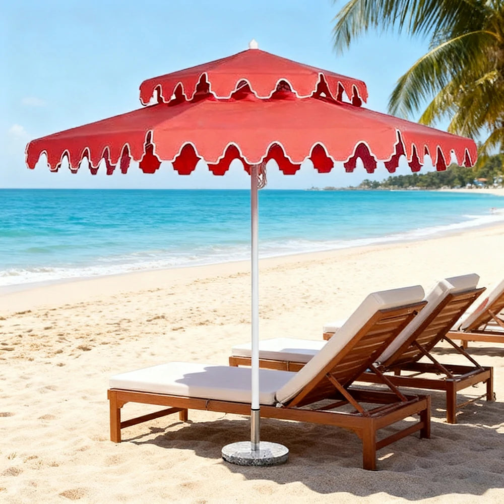 SOLARA Outdoor Patio Umbrella - 250/270cm Round Double-Layer Canopy with French Scalloped Valance, Enhanced Ventilation & Wind Resistance, Sunshade & Rain Protection, 20kg Marble Base Included - Coral Pink