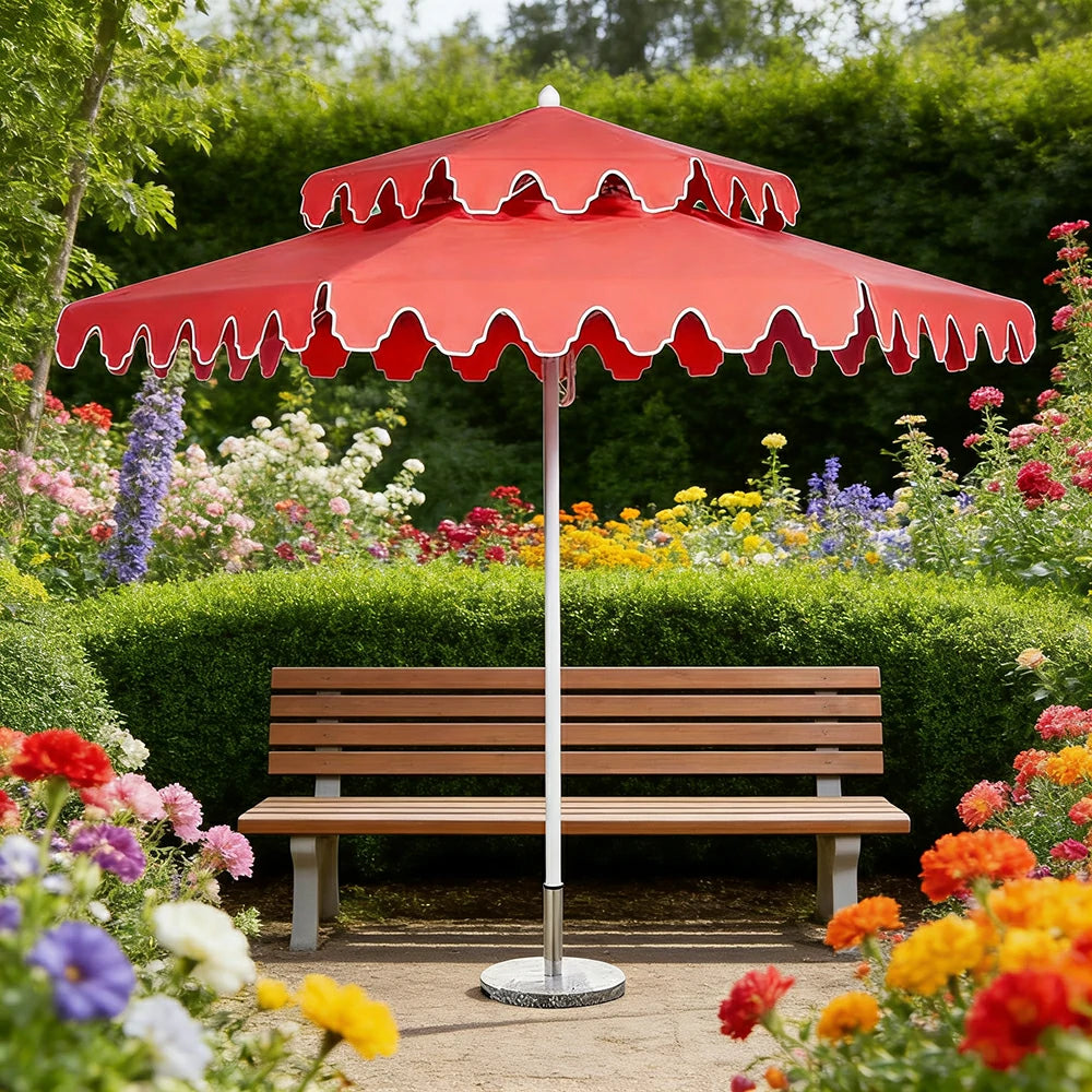 SOLARA Outdoor Patio Umbrella - 250/270cm Round Double-Layer Canopy with French Scalloped Valance, Enhanced Ventilation & Wind Resistance, Sunshade & Rain Protection, 20kg Marble Base Included - Coral Pink