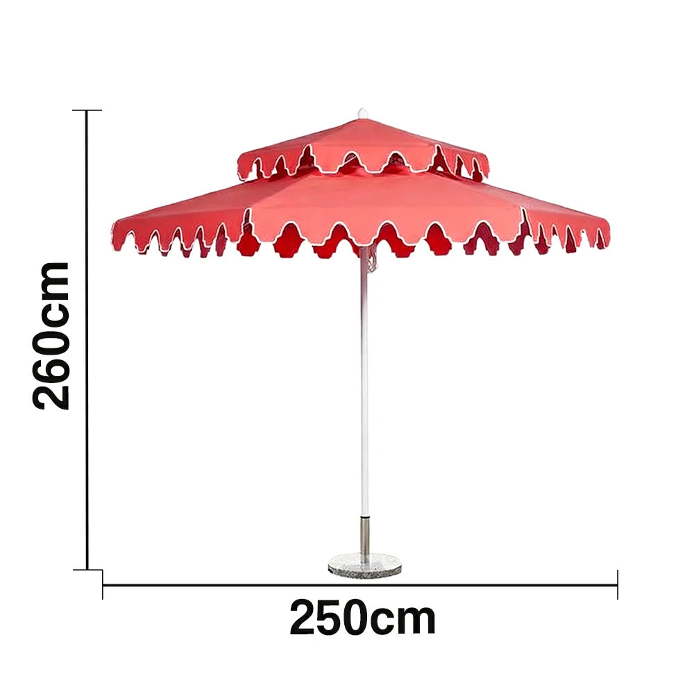 SOLARA Outdoor Patio Umbrella - 250/270cm Round Double-Layer Canopy with French Scalloped Valance, Enhanced Ventilation & Wind Resistance, Sunshade & Rain Protection, 20kg Marble Base Included - Coral Pink