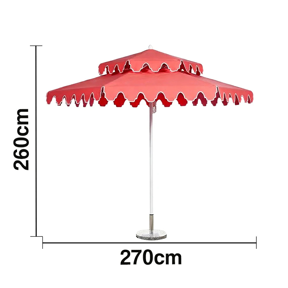 SOLARA Outdoor Patio Umbrella - 250/270cm Round Double-Layer Canopy with French Scalloped Valance, Enhanced Ventilation & Wind Resistance, Sunshade & Rain Protection, 20kg Marble Base Included - Coral Pink