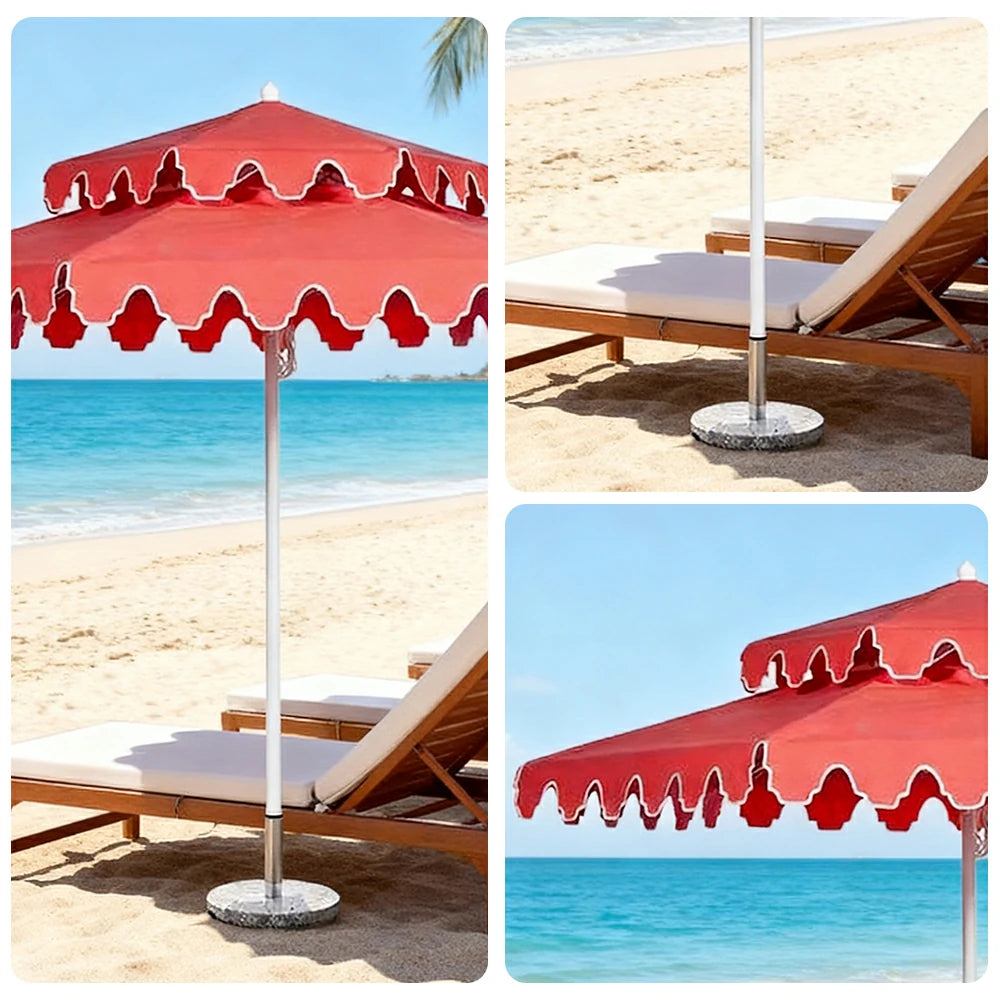 SOLARA Outdoor Patio Umbrella - 250/270cm Round Double-Layer Canopy with French Scalloped Valance, Enhanced Ventilation & Wind Resistance, Sunshade & Rain Protection, 20kg Marble Base Included - Coral Pink