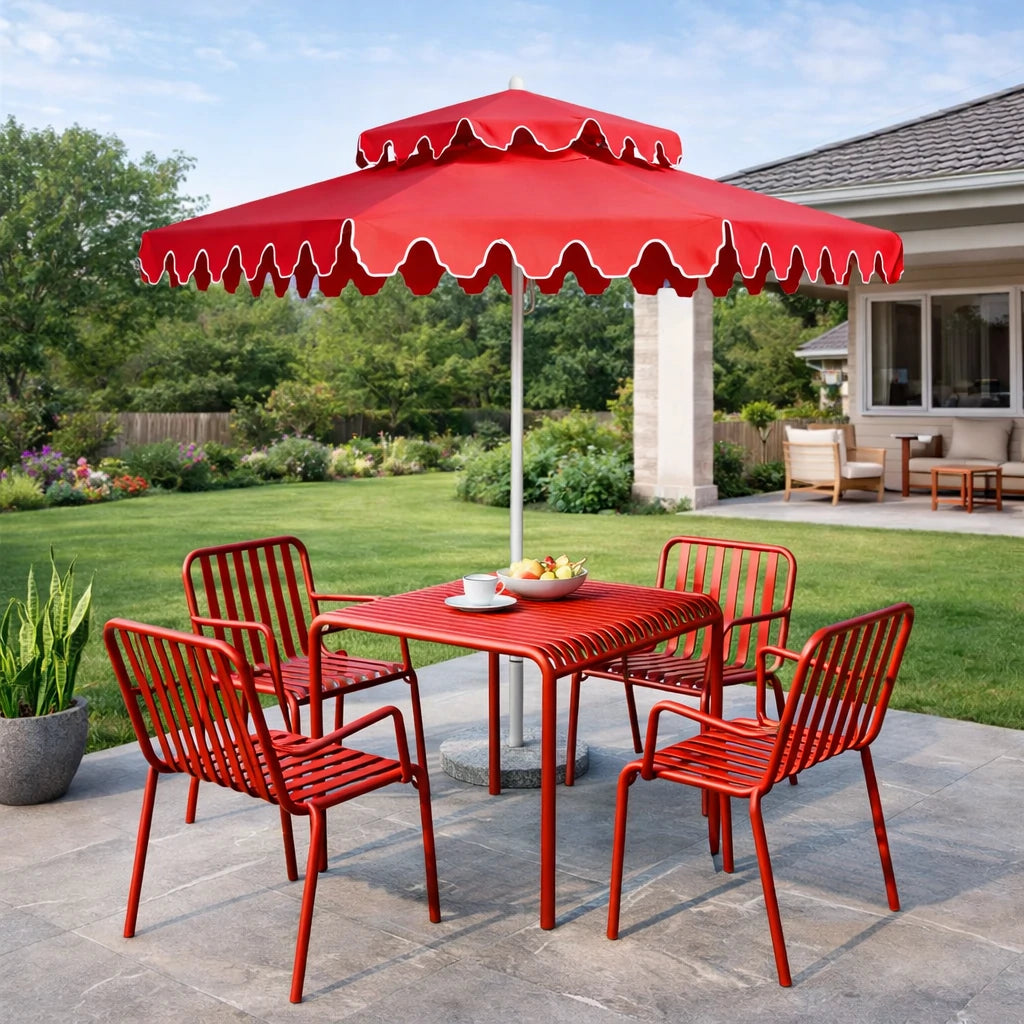 SOLARA Outdoor Patio Umbrella - 250/270cm Round Double-Layer Canopy with French Scalloped Valance, Enhanced Ventilation & Wind Resistance, Sunshade & Rain Protection, 20kg Marble Base Included - Coral Pink