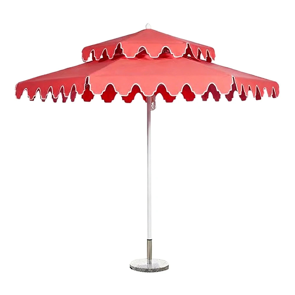 SOLARA Outdoor Patio Umbrella - 250/270cm Round Double-Layer Canopy with French Scalloped Valance, Enhanced Ventilation & Wind Resistance, Sunshade & Rain Protection, 20kg Marble Base Included - Coral Pink