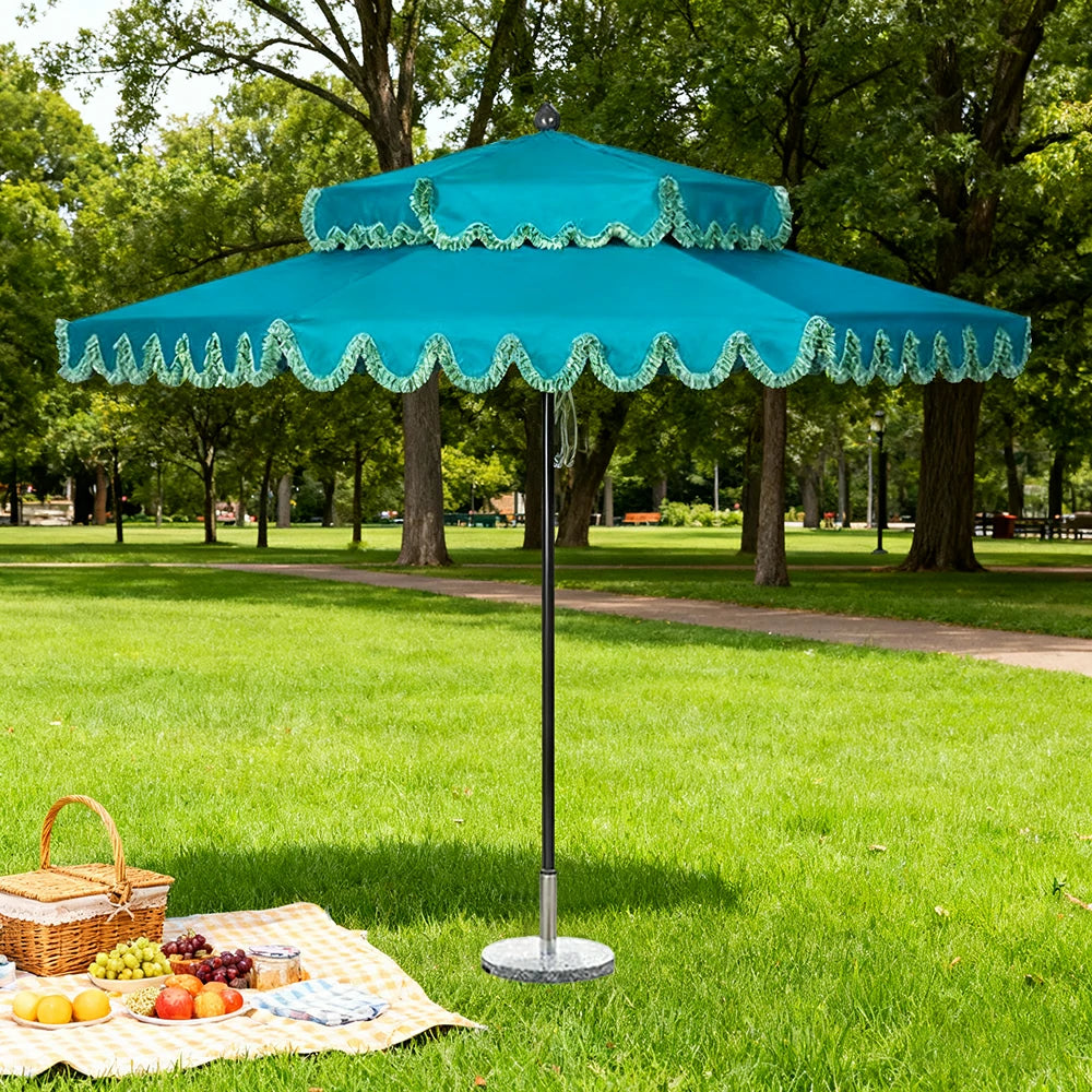 SOLARA Outdoor Patio Umbrella - 250/270cm Round Double-Layer Canopy with French Scalloped Valance, Enhanced Ventilation & Wind Resistance, Sunshade & Rain Protection, 20kg Marble Base Included - Peacock Blue
