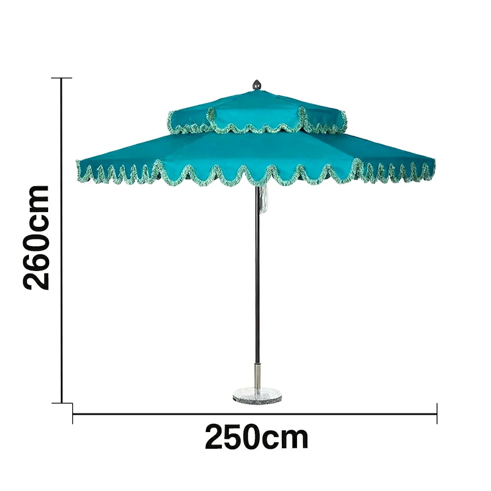 SOLARA Outdoor Patio Umbrella - 250/270cm Round Double-Layer Canopy with French Scalloped Valance, Enhanced Ventilation & Wind Resistance, Sunshade & Rain Protection, 20kg Marble Base Included - Peacock Blue
