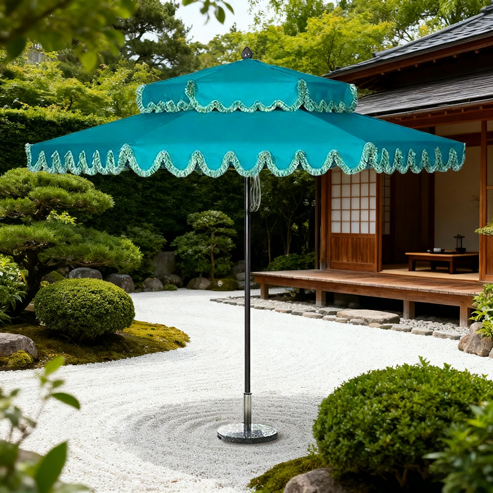 SOLARA Outdoor Patio Umbrella - 250/270cm Round Double-Layer Canopy with French Scalloped Valance, Enhanced Ventilation & Wind Resistance, Sunshade & Rain Protection, 20kg Marble Base Included - Peacock Blue