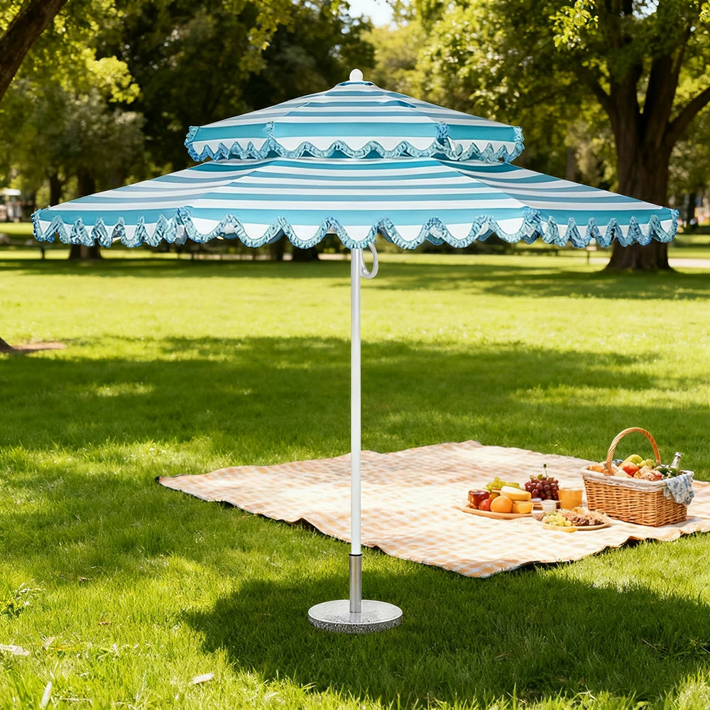 SOLARA Outdoor Patio Umbrella - 250/270cm Round Double-Layer Canopy with French Scalloped Valance, Enhanced Ventilation & Wind Resistance, Sunshade & Rain Protection, 20kg Marble Base Included - Blue