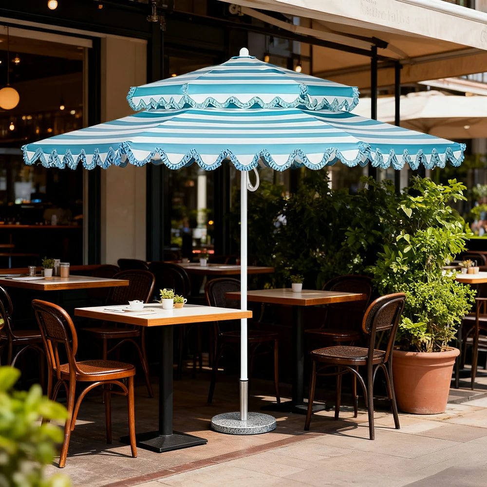 SOLARA Outdoor Patio Umbrella - 250/270cm Round Double-Layer Canopy with French Scalloped Valance, Enhanced Ventilation & Wind Resistance, Sunshade & Rain Protection, 20kg Marble Base Included - Blue