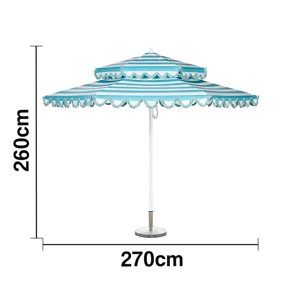 SOLARA Outdoor Patio Umbrella - 250/270cm Round Double-Layer Canopy with French Scalloped Valance, Enhanced Ventilation & Wind Resistance, Sunshade & Rain Protection, 20kg Marble Base Included - Blue